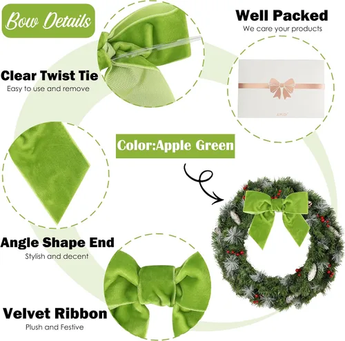 Vista 3 de AIMUDI Lazos de terciopelo verde manzana de 4.5 pulgadas, lazos de Pascua de terciopelo verde prefabricados, lazos verdes con alambre retorcido
