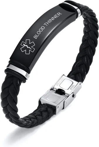 Vista 8 de MEALGUET Pulseras médicas personalizadas para hombres: grabado gratuito de acero inoxidable negro y cuero trenzado pulsera de alerta médica