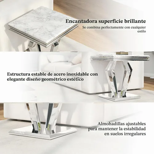 Vista 6 de ACEDÉCOR Mesa auxiliar cuadrada de 22 pulgadas, mesa auxiliar plateada con elegante parte superior de mármol sintético y base en forma de diamante