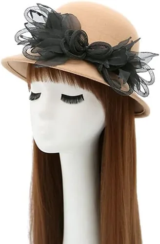 Vista 2 de CynKen Sombreros de bolos de iglesia con flores de fieltro de lana de imitación para mujer Beige