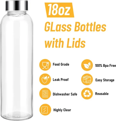 Vista 4 de Sursip Botellas de agua de vidrio de 18 onzas con tapas, botellas de jugo, botella de jugo de vidrio transparente para exprimir, botellas de jugo