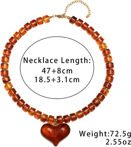 Vista 6 de Dr's gift Collar grueso para mujer, collar de corazón con dije de corazón de acrílico naranja, gargantilla de cuentas gruesas ámbar con colgante