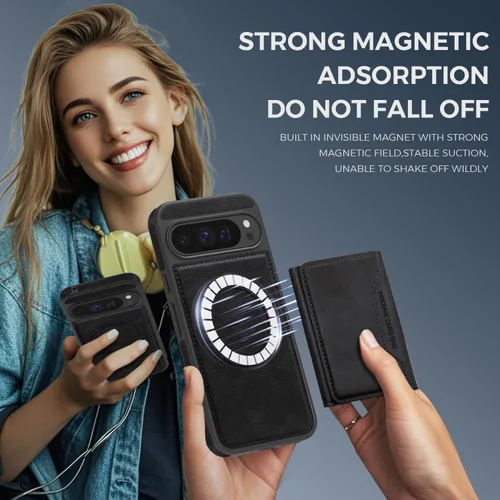 Vista 6 de Funda compatible con Google Pixel 10 Pro XL de 6.8 pulgadas de piel sintética con tarjetero 【Compatible con Magsafe】Funda magnética desmontable 2