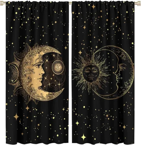Vista 93 de Cortinas opacas con diseño de sol y luna, cuerpos celestes bohemios, con diseño de sol, luna y estrellas, para sala de estar, dormitorio, 42 x 45