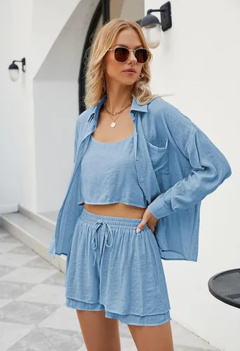 Vista 7 de Fixmatti Conjunto de 3 piezas de verano para mujer, camisa de manga larga con botones, top halter y pantalones cortos