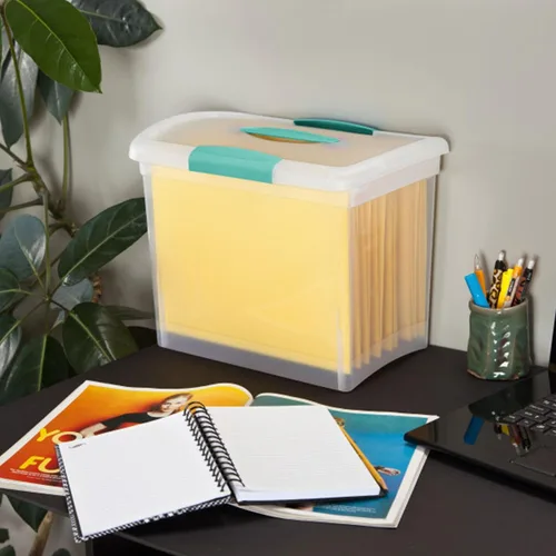 Vista 8 de Sterilite Papelera apilable grande de almacenamiento ShowOffs, organizador con cierre con asa, caja de plástico para organización de archivos