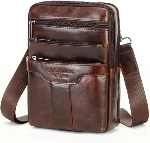 Vista 2 de Bolso bandolera vintage de piel de vaca para hombre, Marrón oscuro