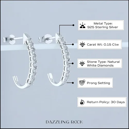Vista 4 de Dazzlingrock Collection Aretes de aro clásicos en forma de J de diamante redondo de 0.15 quilates (ctw) para ella en plata de ley 925