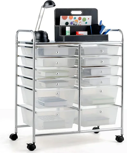 Vista 25 de COSTWAY Carrito de almacenamiento rodante con 4 cajones, carrito de almacenamiento de plástico y organizador con 4 cajones extraíbles, carrito