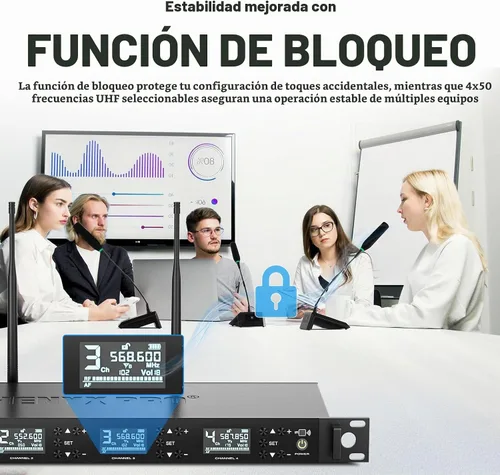 Vista 4 de Phenyx Pro Sistema de Micrófono Inalámbrico para Conferencia, Micrófono de Pódium Inalámbrico de Cuatro Canales, 4x50 Frecuencias UHF, Auto Scan, 4
