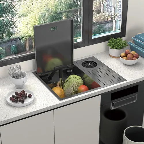 Vista 2 de Topmount - Fregadero de barra de acero inoxidable de 21.6 x 17.7 pulgadas, fregadero de cocina con lavadora de taza de presión y grifo plegable