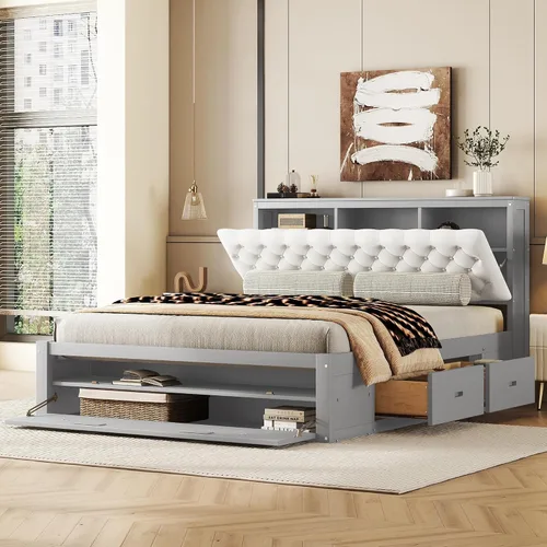 Vista 10 de Versátil cama de plataforma de madera tamaño Queen con armario y nido todo en uno, estante y enchufes, para niños, adolescentes y adultos, uso