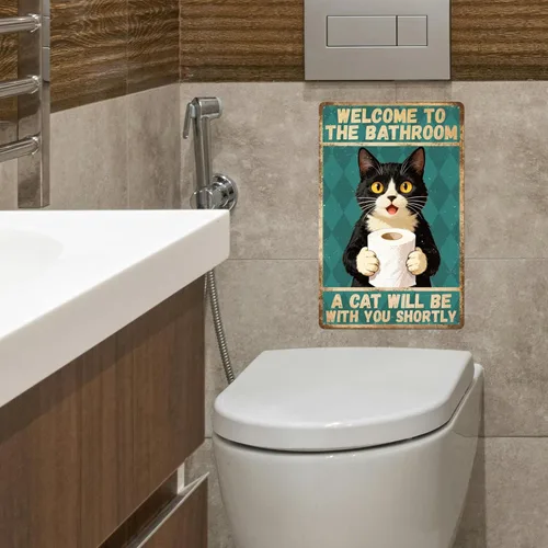 Vista 7 de GLOBLELAND Bathroom Black Cat Metal Tin Sign 8x12 inch "Welcome to the Bathroom" Funny Vintage Painting Tin Signs Wall Poster Plaque for Toilet Room