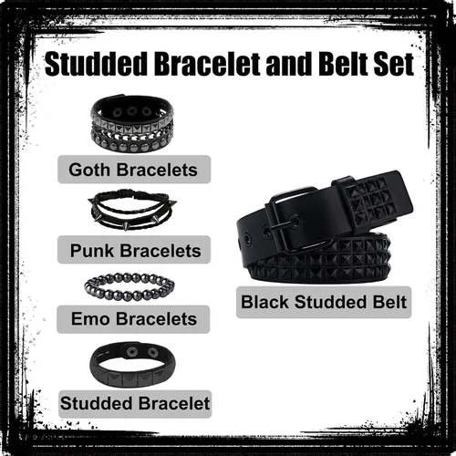 Vista 3 de YMO Cinturón con tachuelas negras, pulsera con tachuelas, cinturón emo, gótico, punk, rock, remache, brazaletes emo, joyería gótica, accesorios emo