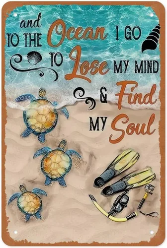 Vista 10 de Cartel de metal con texto en inglés «To The Ocean I Go To Lose My Mind And Find My Soul» de tortuga marina de 12 x 8 pulgadas, decoración de pared