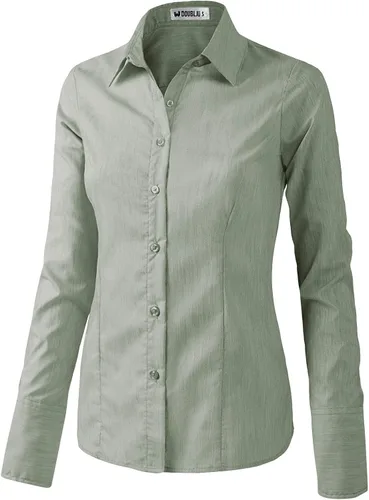 Vista 2 de Doublju - Camisas para mujer elásticas de ajuste entallado de algodón con botones talla grande