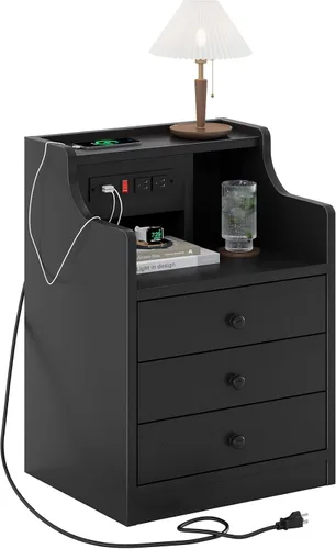 Vista 7 de ADORNEVE - Mesita de noche con estación de carga, mesita negra para dormitorio, mesa auxiliar con aparador y cajones de almacenamiento