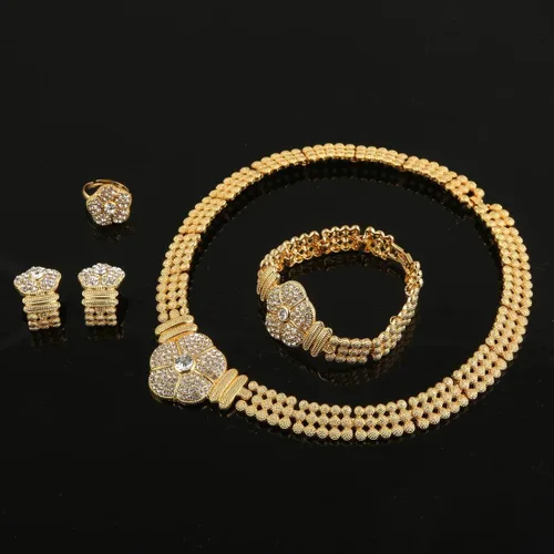 Vista 2 de Juego de joyas de collar con colgante chapado en oro de 24 quilates para mujeres africanas de Dubai, fiesta de boda, joyería de flores, Latón