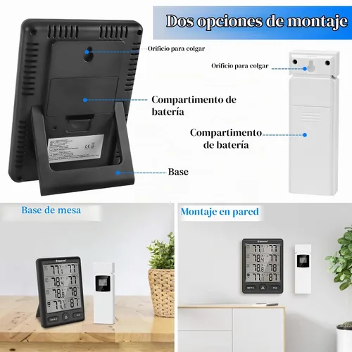 Vista 6 de Geevon Termómetro inalámbrico para interiores y exteriores con 3 sensores remotos, (negro)