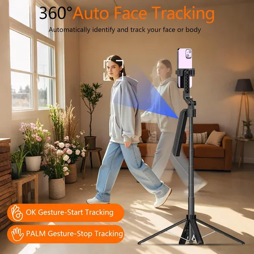 Vista 2 de Trípode Autoseguidor Facial con Palo Selfie para iPhone con Luz de Anillo de 10" Manos Libres Ajustable 360° de 70.9 Pulgadas Soporte para Teléfono