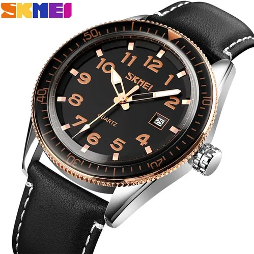 Vista 3 de SKMEI Men Watches Black Leather Band Sports Large Big Face Luxury Waterproof Luminous Fashion Dress Casual Analog Quartz Chronograph Father Gifts