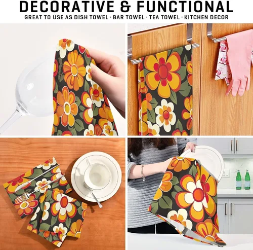 Vista 7 de GAIREG Orange Retro Hippie Flowers Drying Dish Towels for Kitchen, 28x18 Inch Decorative Rags for Kitchen