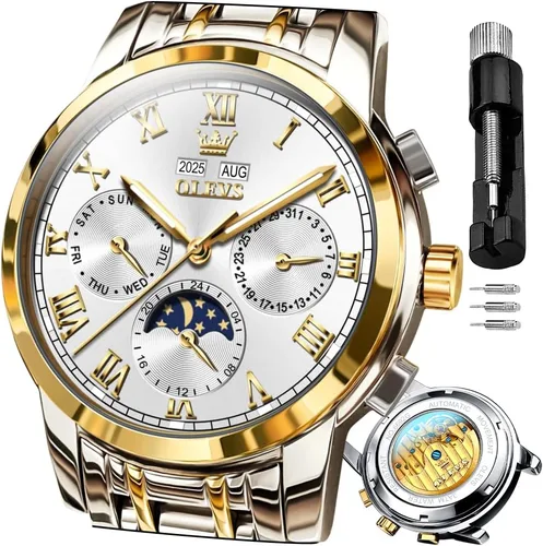 Vista 9 de OLEVS Relojes para hombre automático mecánico de cuerda automática reloj de pulsera multifunción calendario impermeable luminoso
