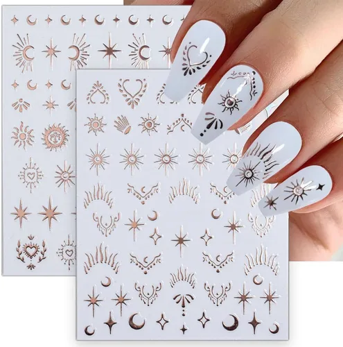 Vista 9 de 12pcs Aurora Plata Estrella Luna Nail Art Pegatinas 3D para las Mujeres Oro Rosa Sol Corazón Calcomanías de Diseño Láser Suministros