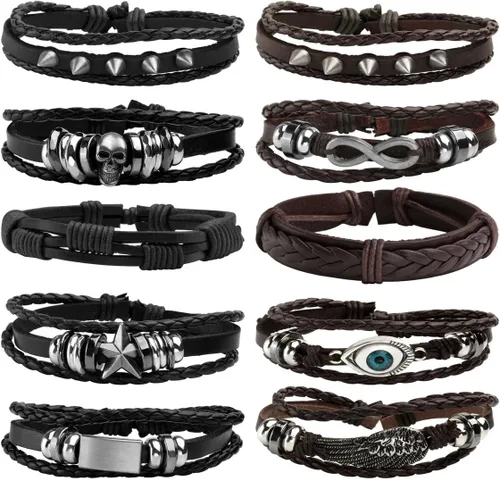 Vista 7 de Eigso 6-10 pulseras de cuero trenzado para hombres y mujeres, pulseras ajustables