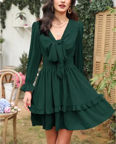 Vista 7 de EXLURA - Mini vestido acampanado, con cuello en V, de manga globo larga, floral, con capas, volantes, cintura elástica y para anudar por delante