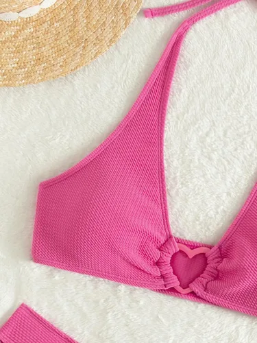 Vista 4 de OYOANGLE Bikini de 2 piezas para mujer, conjunto de traje de baño lindo con anillo de corazón texturizado halter bikini traje de baño