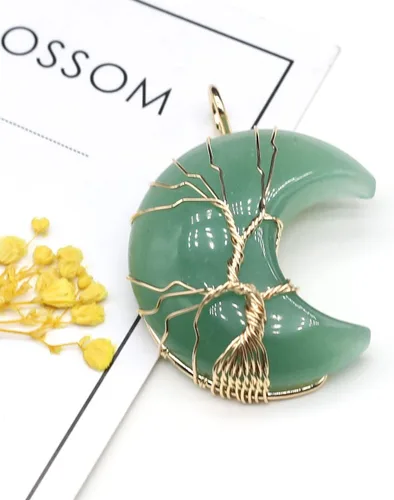 Vista 9 de 4 colgantes de piedra natural, forma de luna, chakra, cristal, ágata, alambre de piedra, tejer, diseño de árbol de la vida para hacer joyas