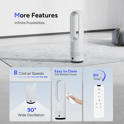 Vista 6 de Ventilador sin aspas, ventilador de torre de enfriamiento de 22 pulgadas con oscilación de 80° y control remoto, temporizador de 9H, 8 velocidades