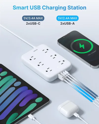 Vista 6 de Cinta de enchufes de 2 puntas con GFCI, VINTAR Adaptador de enchufe de GFCI de 2 a 3 puntas, cable de extensión de 6 pies con 6 salidas y 4 USB