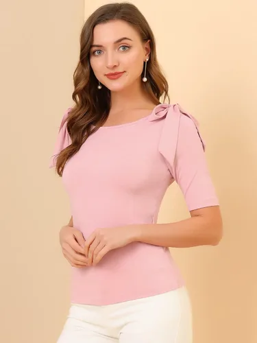 Vista 2 de Allegra K Blusa de verano con cuello barco y manga de codo para mujer