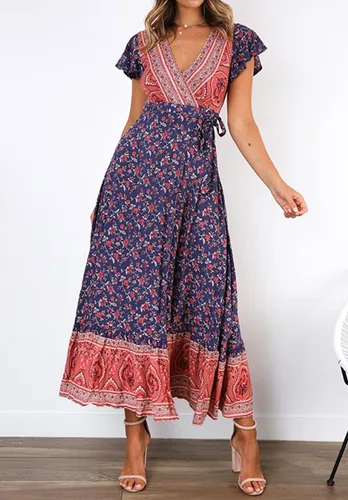 Vista 3 de Vestido R.Vivimos, largo y holgado, con abertura, moño en la cintura, de verano, manga corta, con estampado floral, de playa, bohemio, para mujer