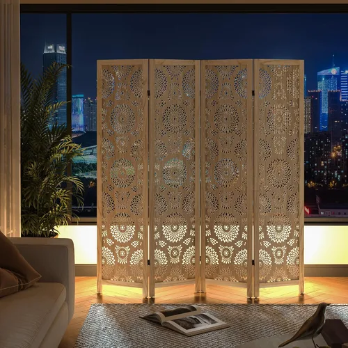 Vista 7 de WelFurGeer Divisor de habitación de madera hecho a mano, pantalla de privacidad plegable de 4 paneles con paneles ajustables de 360°, divisores