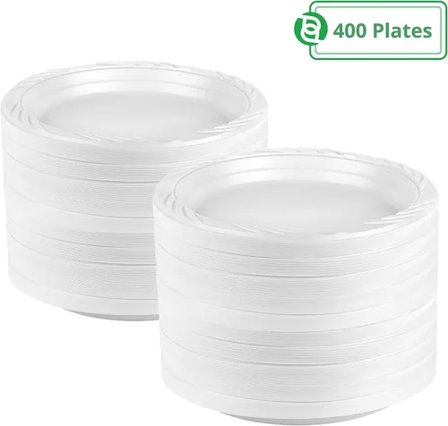 Vista 2 de Blue Sky Platos de plástico blanco de 6 pulgadas, 400 unidades, platos de plástico desechables, aptos para microondas, perfectos para fiestas