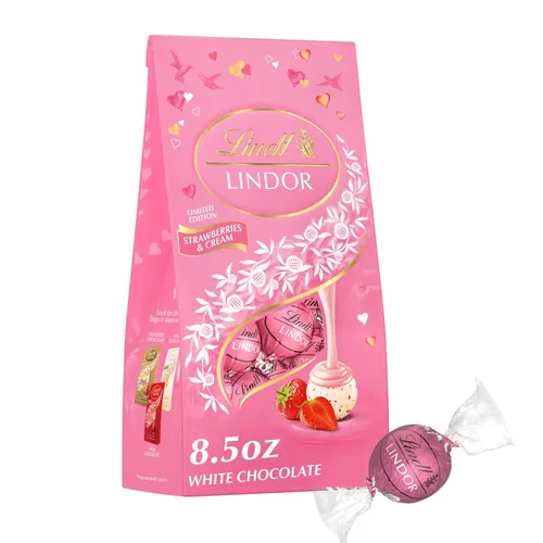 Vista 11 de Lindt LINDOR - Trufas de chocolate blanco con fresas y crema para San Valentín, bolsa de 5.1 oz