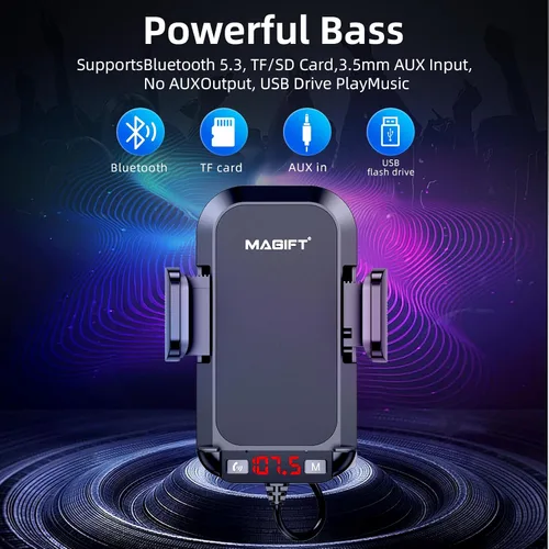 Vista 2 de Adaptador Bluetooth para automóvil 3 en 1, transmisor FM de radio para automóvil, transmisor Bluetooth con soporte para teléfono, carga rápida