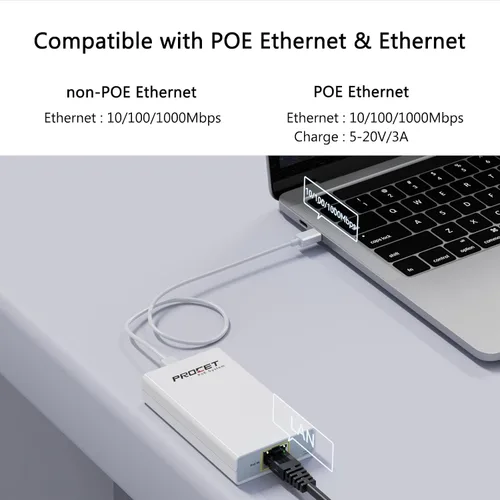 Vista 3 de Convertidor Gigabit PoE a USB C para teléfono inteligente/tableta, adaptador USB-C a Ethernet con carga de 60 W, alimentación y datos 2 en 1 puerto