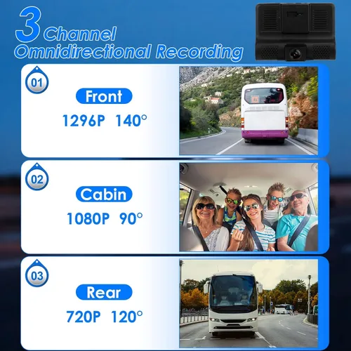 Vista 3 de iMountek Dash Cam, 1296P 3 lentes cámara frontal interior y trasera de 4 pulgadas, cámara de coche de 140 ° gran angular de grabación en bucle
