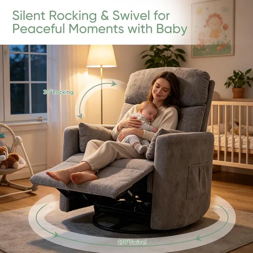 Vista 6 de Silla reclinable giratoria de gran tamaño con calor y masaje, mecedora con reposacabezas ajustable, silla reclinable manual mecedora con 2 Chenille