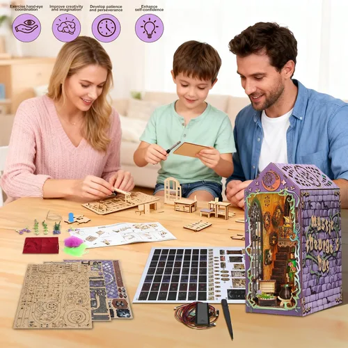 Vista 7 de Kit de rincón de libro Magic Wizard House DIY rompecabezas 3D, morado Decoración de estanterías de libros, regalos para amantes de los libros
