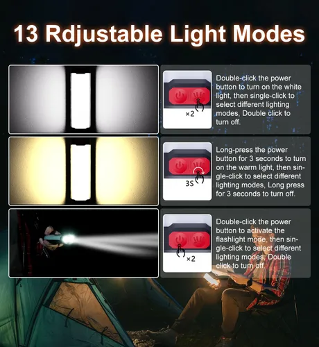 Vista 4 de Linterna solar para campamento, 1800 lúmenes, 13 modos de luz, batería de 3000 mAh, impermeable IP66, luces LED recargables para huracán