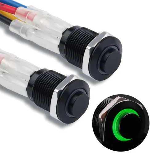 Vista 11 de 2 interruptores de botón de metal con pestillo de 0.472 pulgadas, cabeza elevada de 12 V-24 V, 4 pines de encendido y apagado, 1 no, carcasa negra