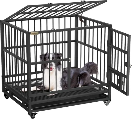 Vista 9 de Furpezoo® Jaula de perro indestructible resistente, perrera grande de 38 pulgadas con puerta de alimentación, jaula para perros a prueba de escape