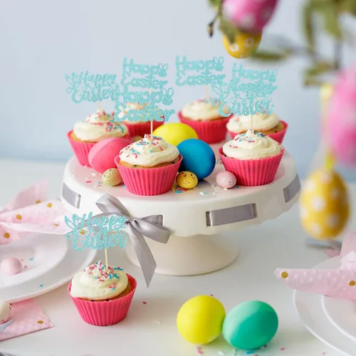 Vista 6 de Gyufise Paquete de 24 adornos azules con purpurina para cupcakes de Pascua con orejas de conejo de Pascua, decoraciones para fiesta de Pascua