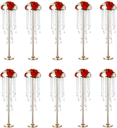 Vista 12 de Centros de mesa de boda dorados de 29.5 pulgadas para mesa, 2 jarrones altos, centros de mesa de boda con cuentas de cristal brillantes, soporte
