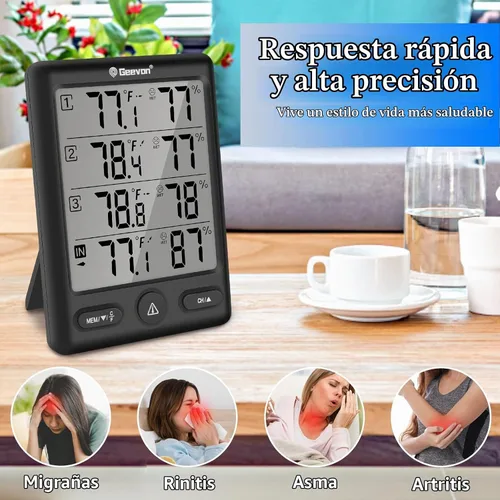 Vista 4 de Geevon Termómetro inalámbrico para interiores y exteriores con 3 sensores remotos, (negro)